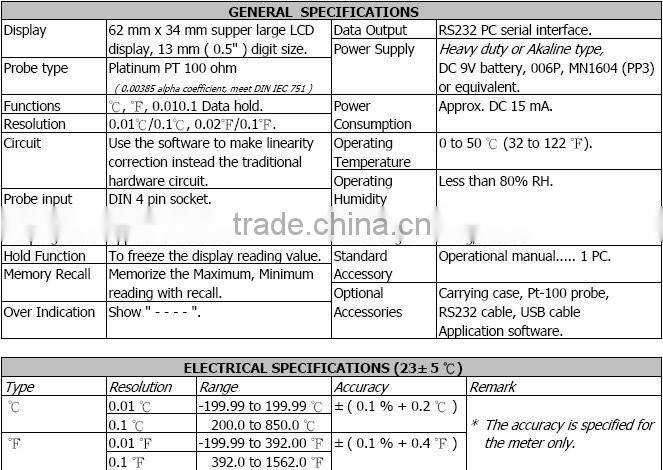 PT-100 Probe(3pcs), RS232 Cable & Sfotware (1 set) to TM-907A -199.99-800C0.01 degree