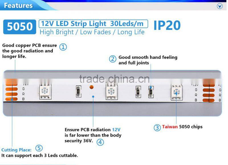 12v IP65 waterproof smd 5050 30led/m flexible rgb led strip with remote controller