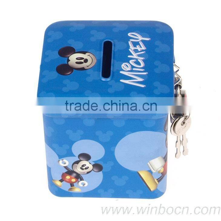Square cartoon kids gift tin coin box with lock money bank