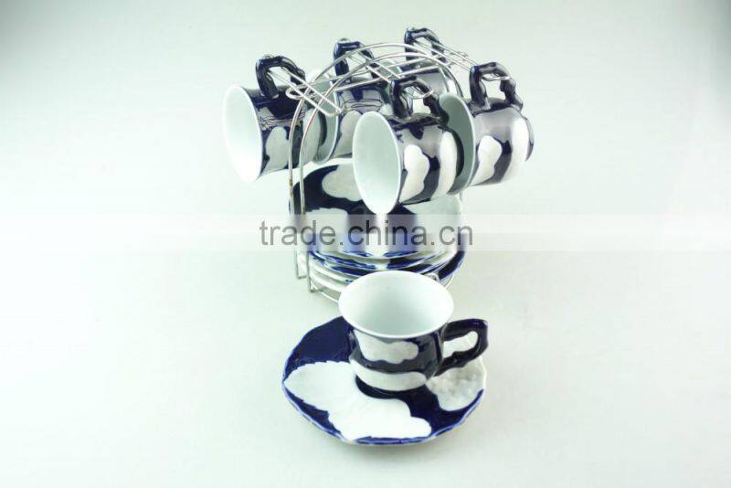 cheap wholesale porcelain blue glaze coffee tea set tableware cup and saucer with metal stand