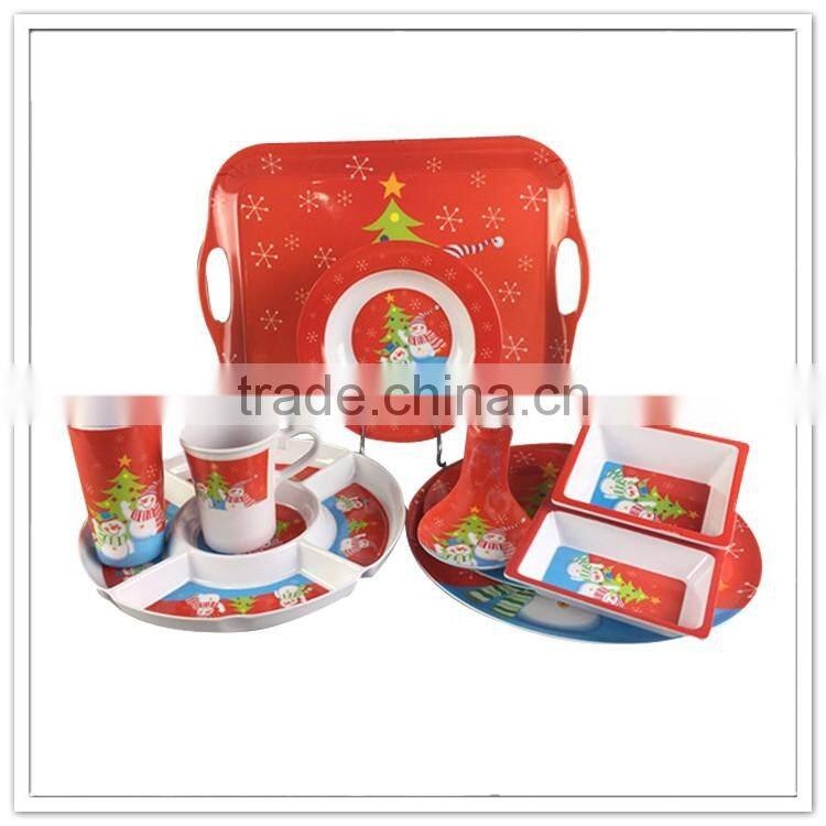 New Item Christmas ornament melamine tableware sets, SGS certified Christmas plastic colorful dinnerware
