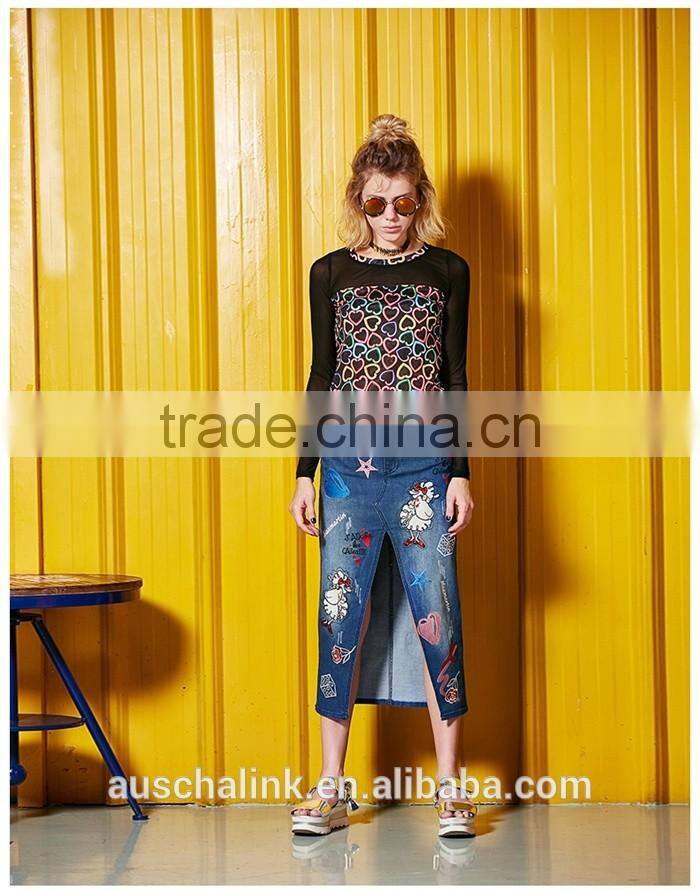 european style ladies front split embroidered long denim skirts