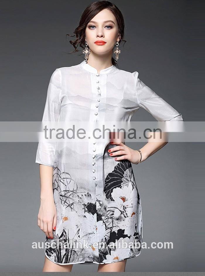 2016 newest summer woman white long chinese silk shirts OEM service