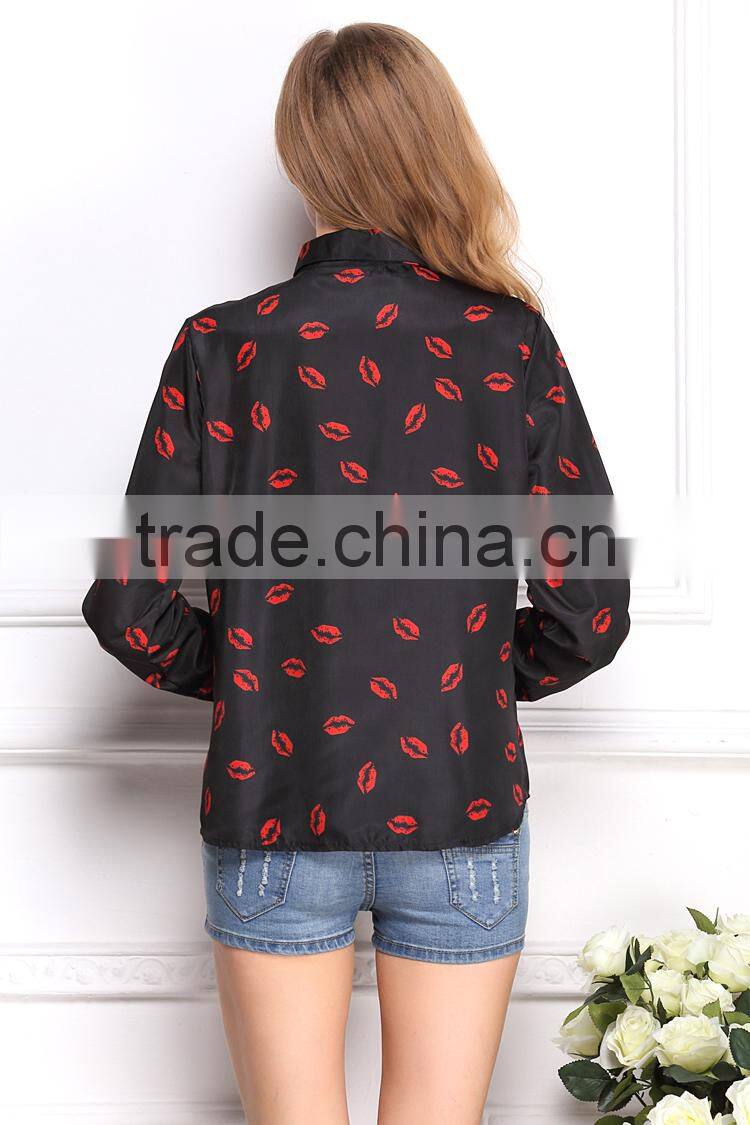 2015 Newest Hot sell Best summer fashion Lip prints t shirt ladies blouse designs women shirt with long sleeve