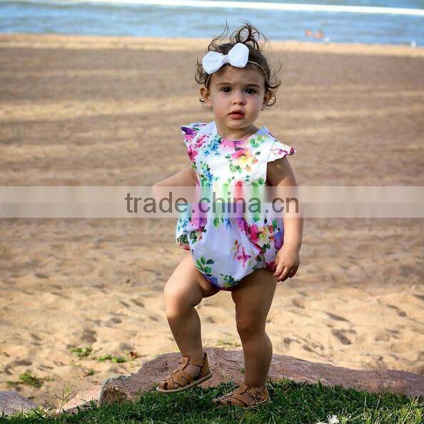 Latest baby girl breathable summer clothes floral printing romper flutter sleeve romper for wholesale