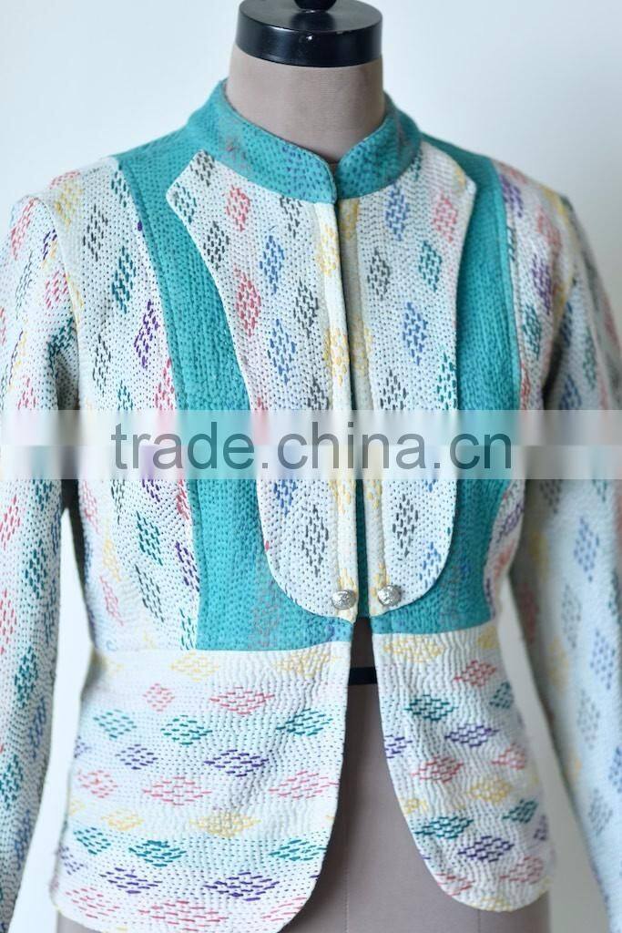 Vintage Kantha Jacket in Cream & Green Color ~ Extra Large