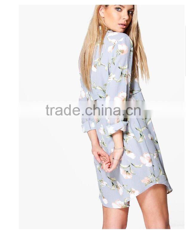 New Design Women Spring Summer Cartoon Pattern Print Shirt Dress