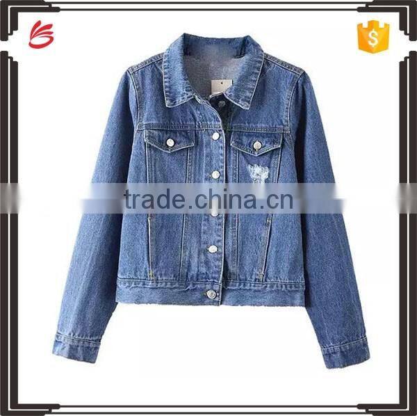 Dark blue washed jeans women in new model down denim jacket