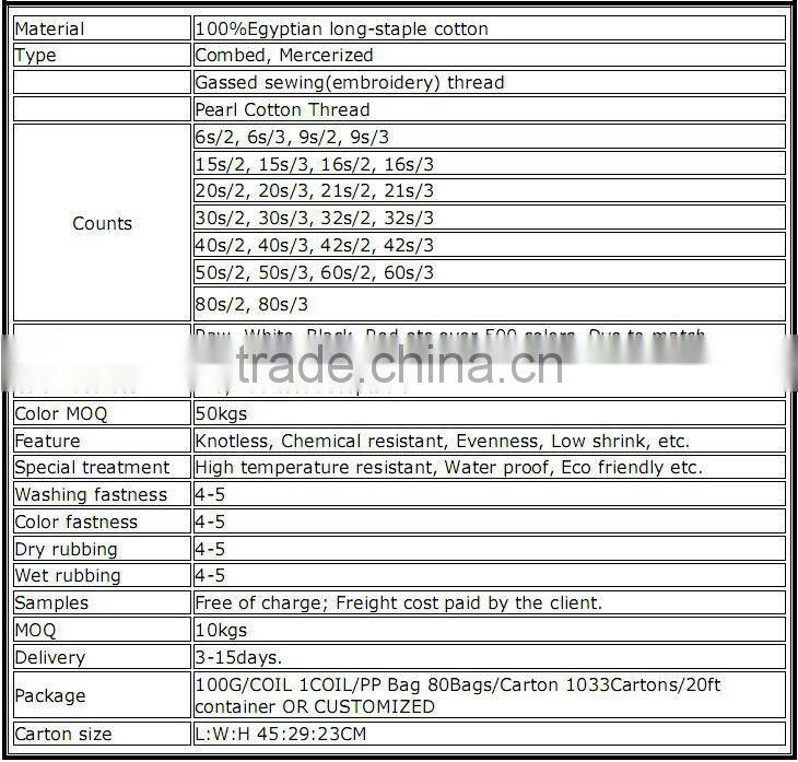 100% egypt long-stapled fiber cotton thread TEX30