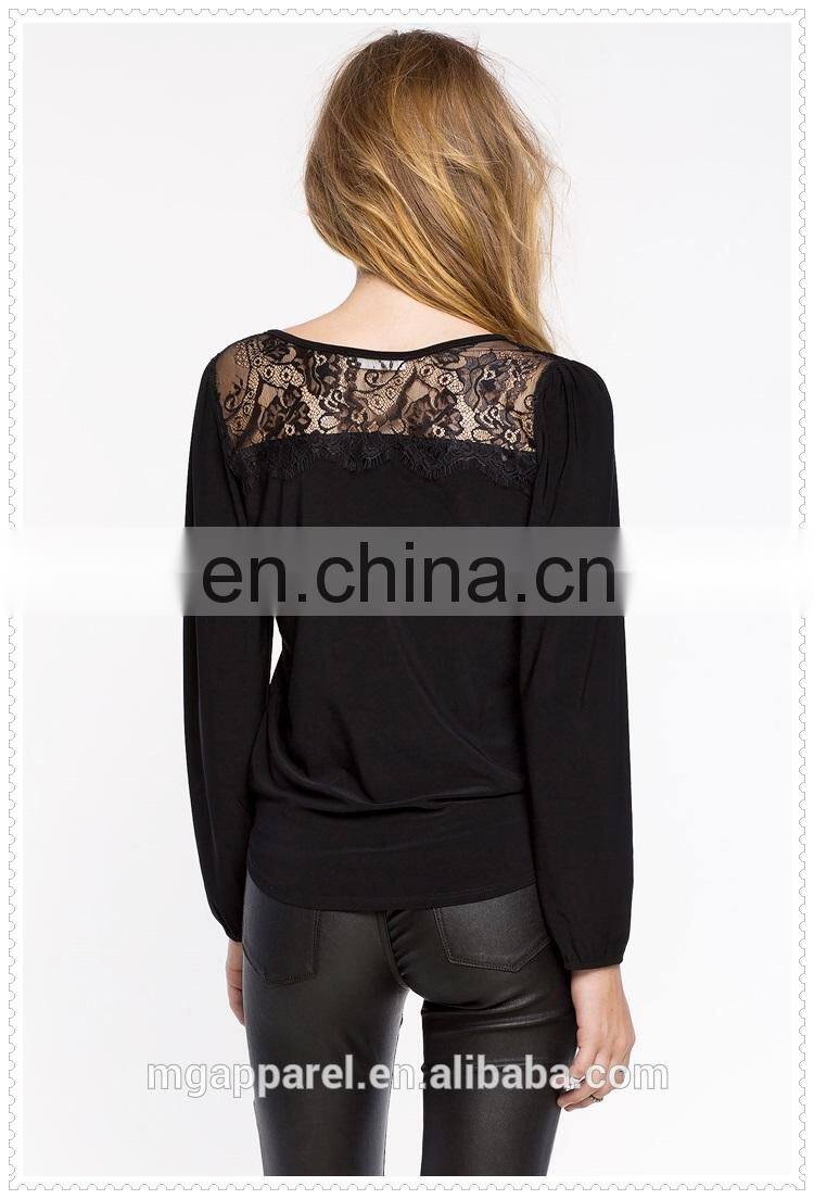 OEM cheap women fancy sexy long sleeves black chiffon blouse