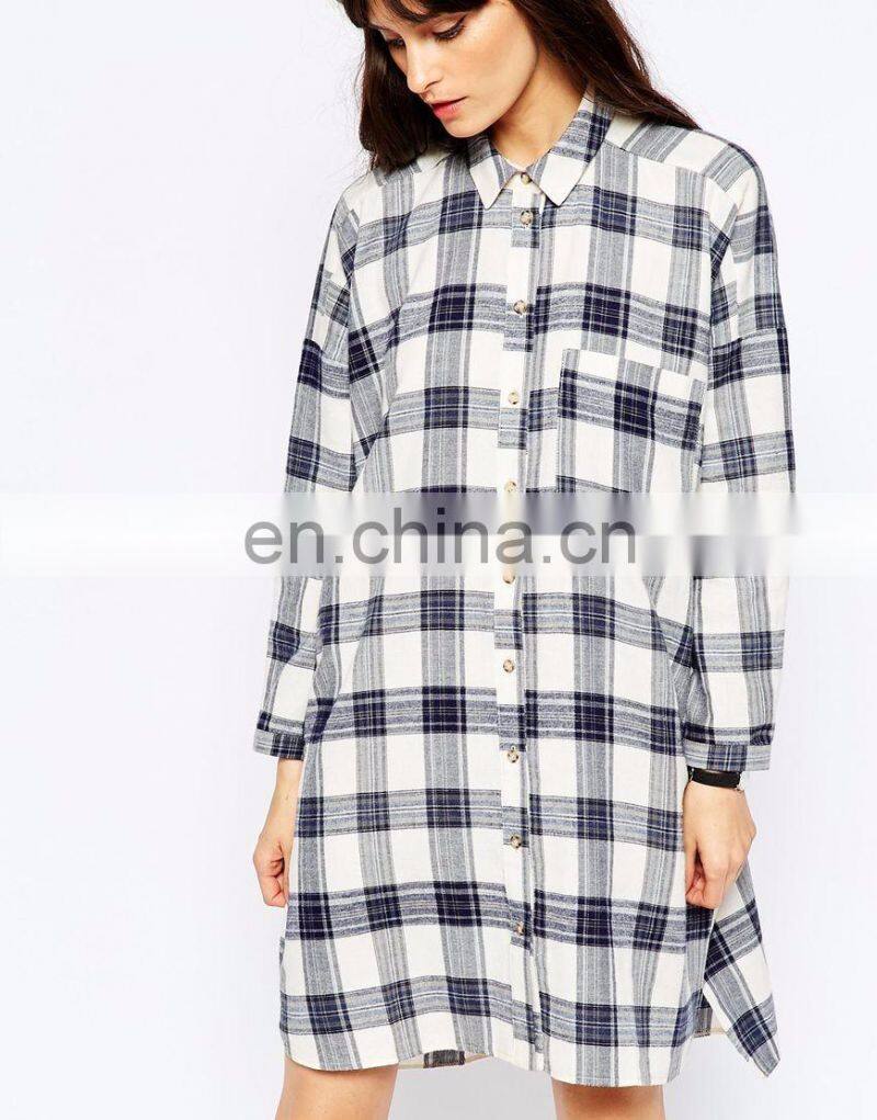 Long sleeves Oversize causal checked shirt dress in cotton