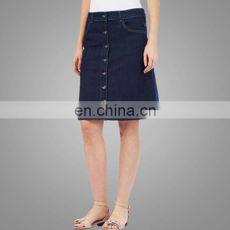 Cheap button fastening knee length denim skirt for girls