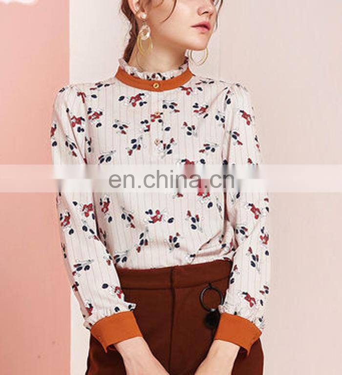 Fashion Floral Print Pullover Shirts Frill Hem Collar Cuff Contrast Color Women Blouses