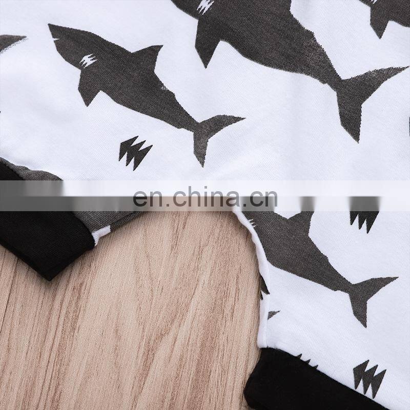 2019 summer kids cotton shark print hoodies top tshirt & baby animal pp pants shorts 2pc set