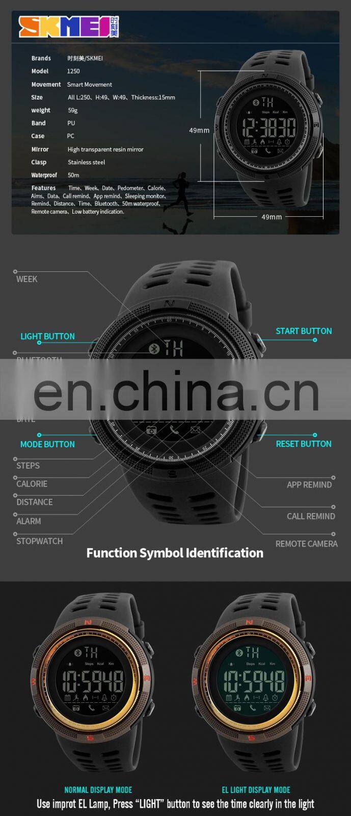 SKMEI 1250 Fashion Pedometer Sport Men's Watch 2019 Smart Watch China Plastic Men Silicone Resin Rubber Round Buckle PU Strap