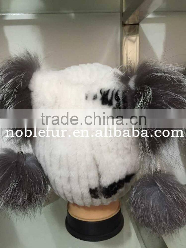 cute rabbit fur with silver fox fur winter pompom headwear for young girls