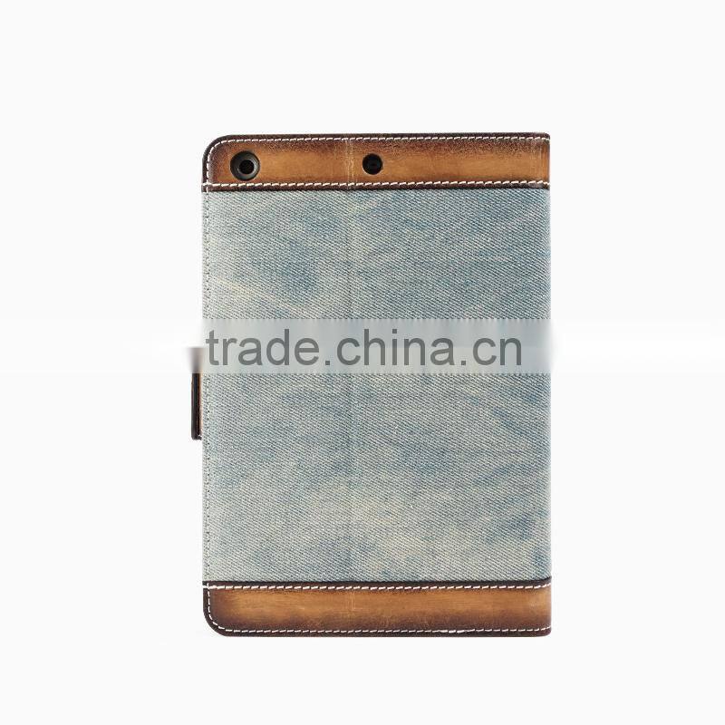 Cowboy Design Jeans/Denim Fabric With Brush-Off Leather Trimming Tablet Case For iPad Air2 OEM/ODM