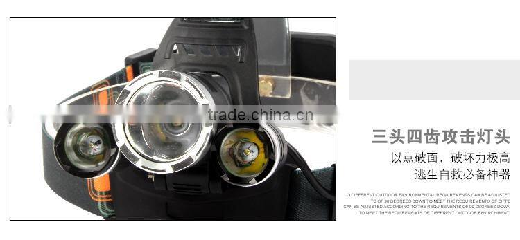 2015 Lastest Rechargeable 3LED Head Torch With 4 modes Outdoor Lighting 3T6 LED Headlamp