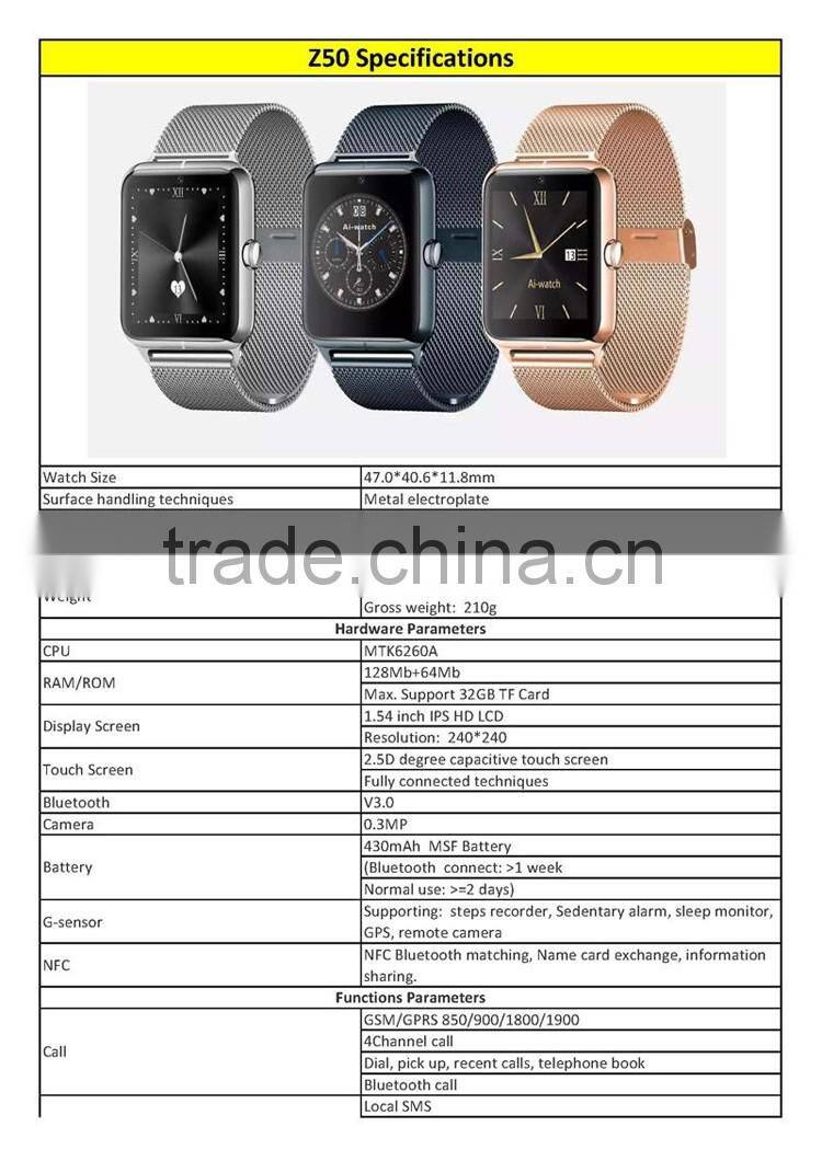 2016 New fashion Z50 Bluetooth Smart Watch with Heart Rate SIM card TF Mp3 Mp4 pedometer sleep Monitoring or IOS Android phones