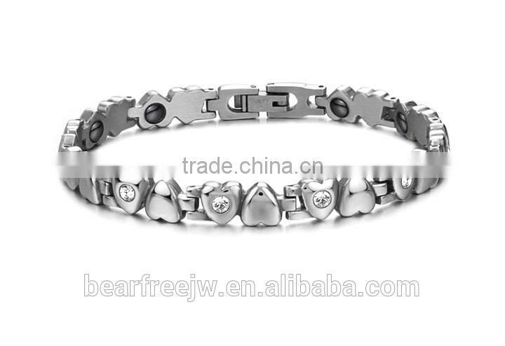 Cubic Zirconia Heart Shape Link Chain Bracelet, Stainless Steel Bio Magnetic Health Energy Bracelet