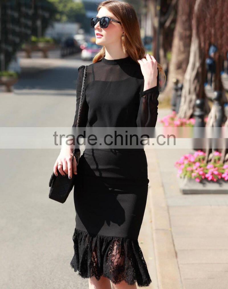 2016 Fashion Women Elegant Women Skirt High Waist Fishtail Midi Skirt with Lace Hem