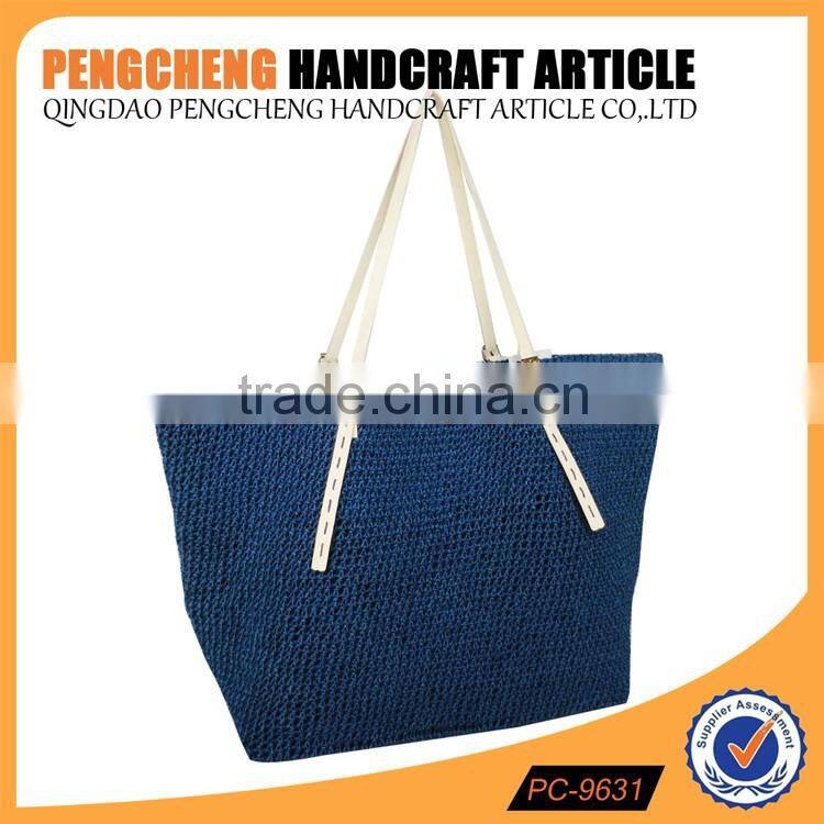 Pink color paper straw tote bag with women shopping shoulder crochet bag