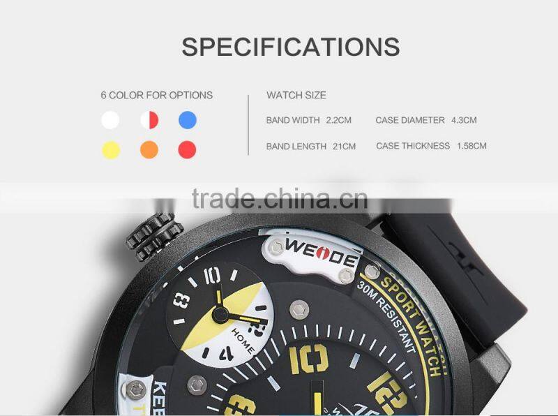 WEIDE top brand watch mens dual time watch big black dial japan movt quartz watch stainless steel back water resistant 30m compl