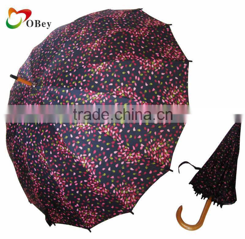Flower print wooden straight umbrella