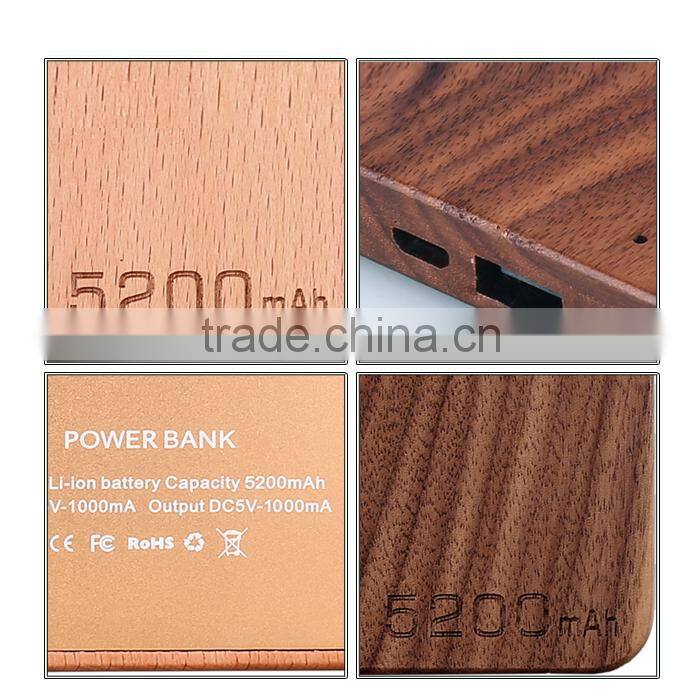 2015 Best selling gift wood power bank 5200mah portable power bank charger of usb rohs power bank