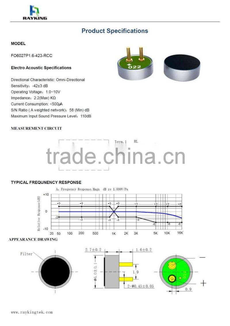 6mmx2.7mm 6027 door bell mic high sensitivity -40dB microphone unit omnidirectional