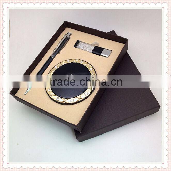 Free shipping SWS0054 diamond pocket mirror&crystal metal ball pen&crystal USB 2.0 flash driver Newest promotional gift sets