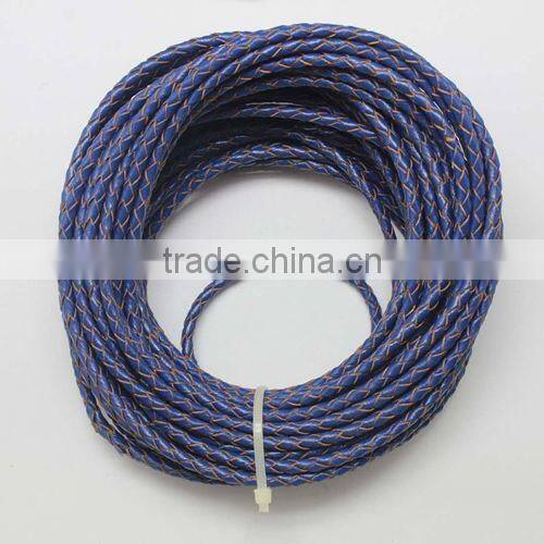 wholesale high quality blue color 3.0mm braided real leather cord for bracelet