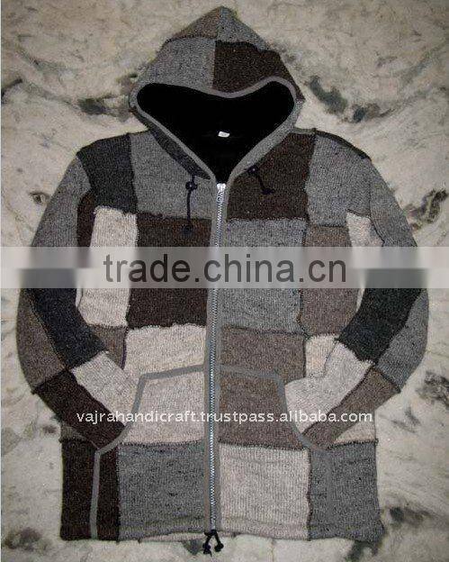 Black Printed Hand Knit Wool Inner Fleece Hoody Winter Men Thick Sweater