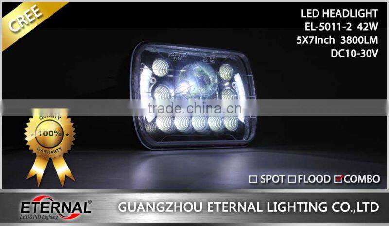 New-5x7in 42W automotive truck off road sealed beam led headlight dual beam with halo ring H4 plug