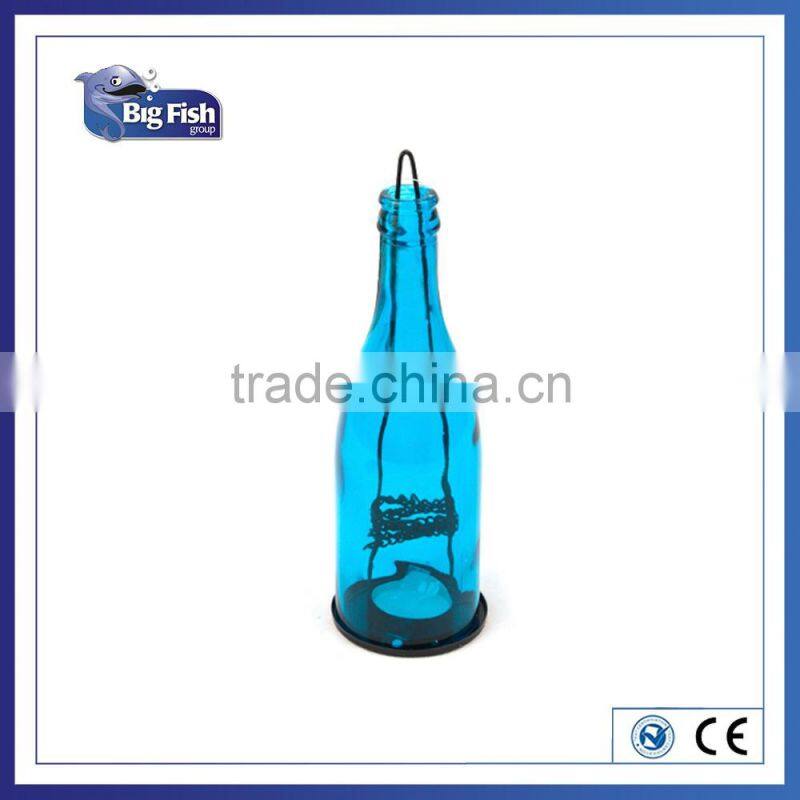 Tea Light Colored Glass Bottle Lantern/Recyclable glass bottle with metal hook base and tea light candle holder.