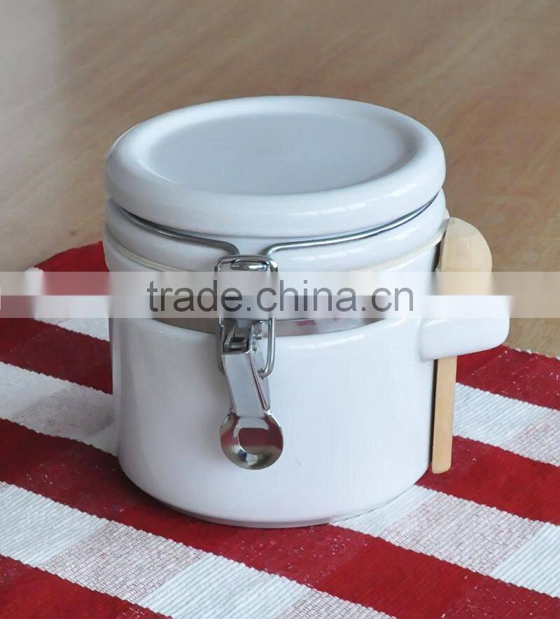 Can shape Ceramic Jar with Wooden lid, Ceramic Canister with Decal printing
