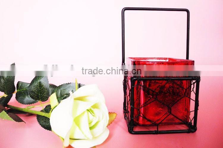 graceful red mercury square glass candle holder with black metal stand
