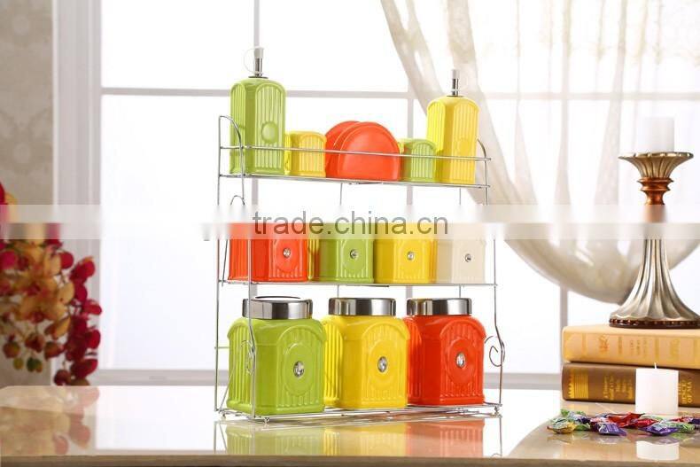 ceramic porcelain canister,ceramic canister set,storage jar, with stainless metal stand
