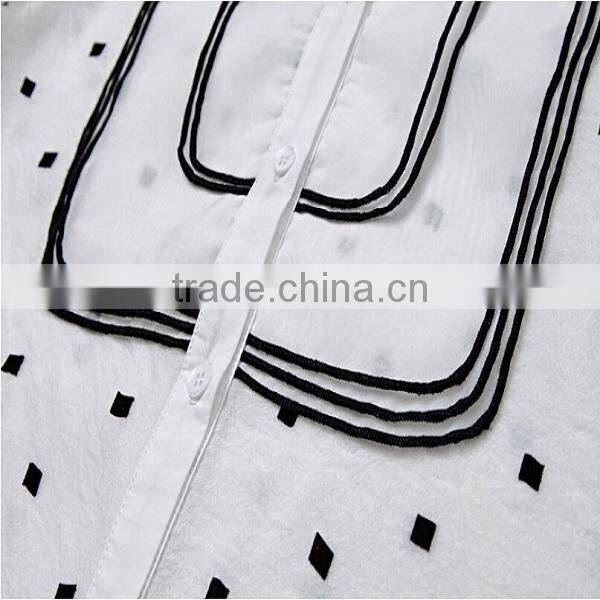 High quality organza fashion design lady blouse,Half sleeve fashion blouse,O-neck with dot printing fashion blouse collar