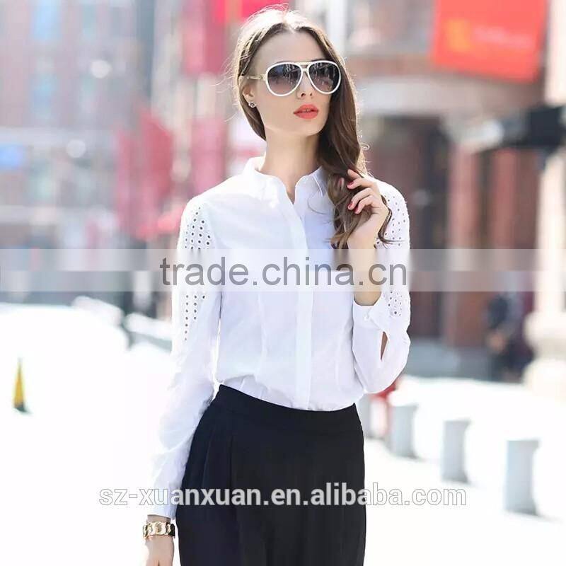 2016 Wholesale plain white cotton ladies office shirt