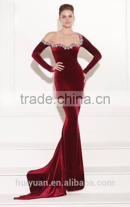 wine mermaid style long sleeve velvet evening dresses