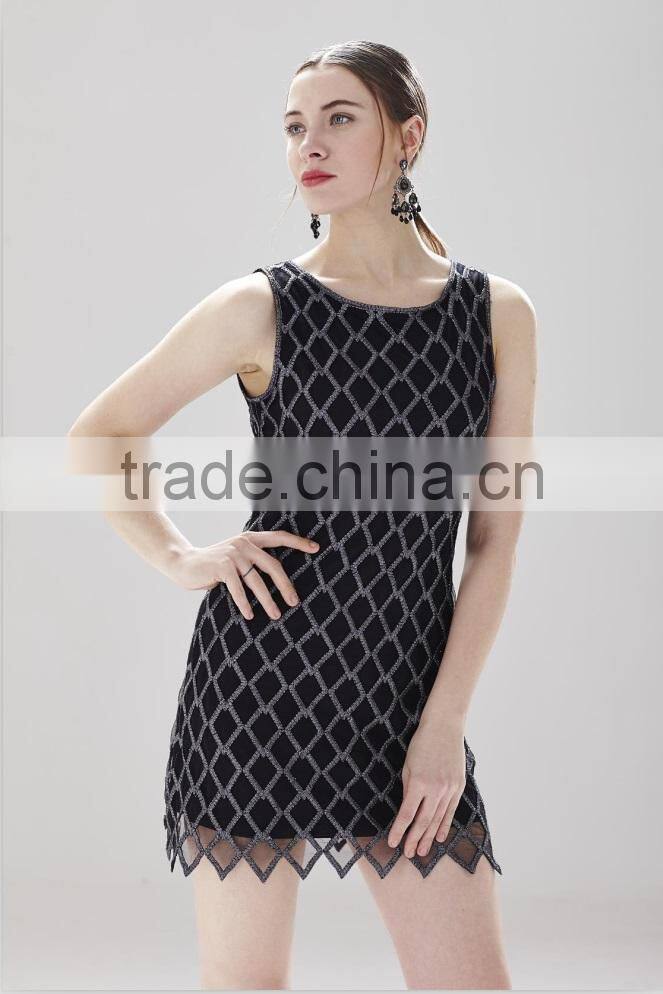 Black square pattern jagged edges cut-out crochet dress for ladies SR-D9786