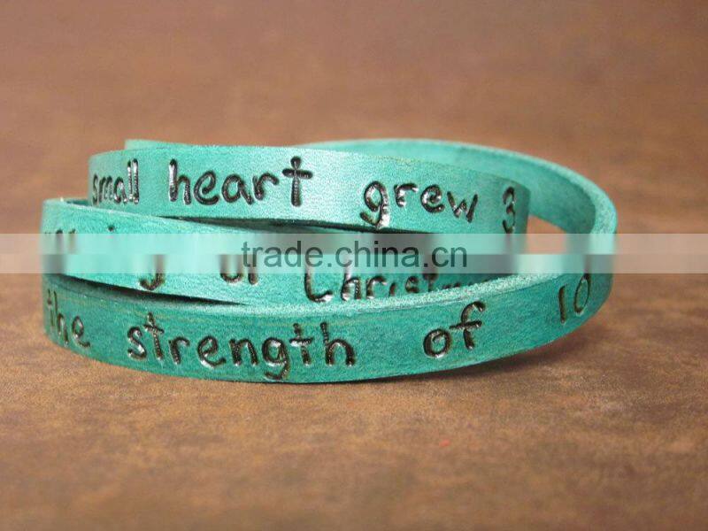 personalized leather wrap bracelet, custom logo hand-stamped leather bracelet, adjustable leather wrapped bracelet