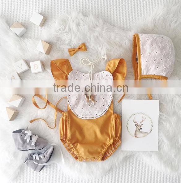 Boutique Flutter Sleeve Blue Girls Solid Color Cotton Jumpsuit Ruffle Baby Romper