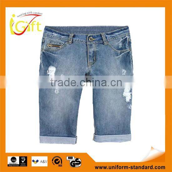 mid blue damage washed denim shorts