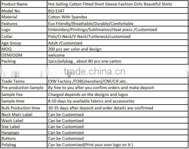 Hot Selling Cotton Fitted Short Sleeve Fashion Girls Beautiful Shirts