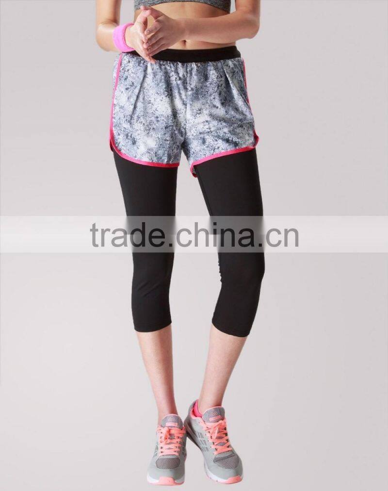 Ladies outdoor wear slim fit fake two-piece 3/4 quick-dry running/yoga sports pants