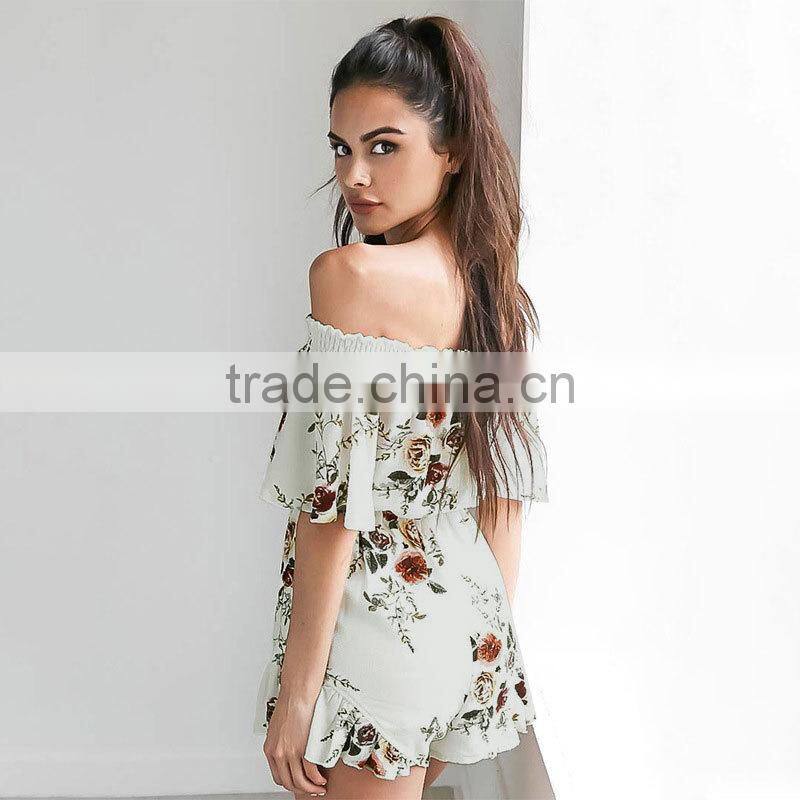 Drop shipping floral off shoulder one piece adult fashion short jumpsuit for wholesale 2017