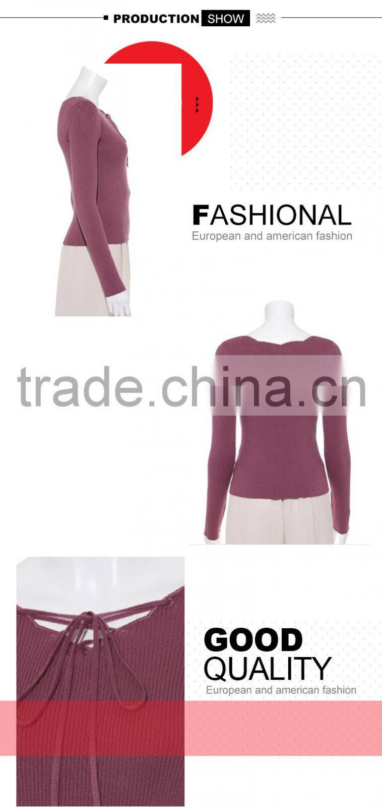 popular V neck fitted knit pullover mature women in tight sweater with knot