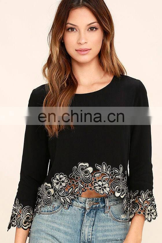 Black Round Neck Long Sleeve Open Back Lace Embroidered Crop Top
